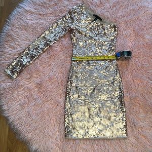 BCBG Maxazria size xxs Rose Gold Sequin ASYMMETRICAL ONE SLEEVE DRESS